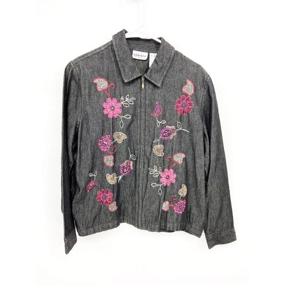 Womens Breckenridge Gray Denim Front Zip Jacket Floral Embroidered Size PL - Picture 2 of 6